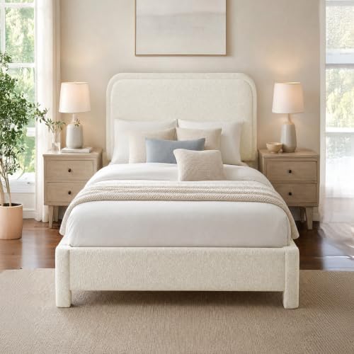 sweetcrispy twin bed frame with headboard, white cloud, front angle view