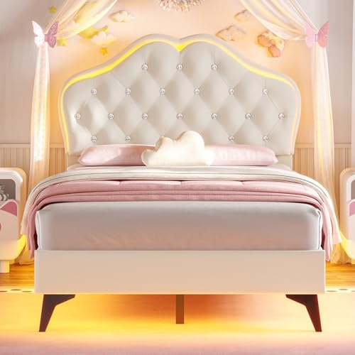 bthfst girls led twin bed frame, princess upholstered, front angle view