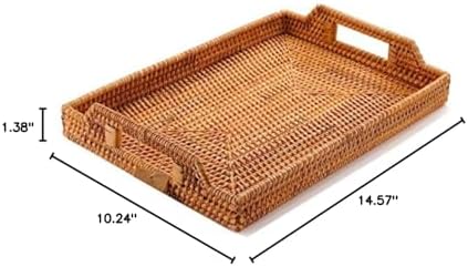 yangqihome 14.6" handwoven rattan serving tray with handles on a desk or shelf