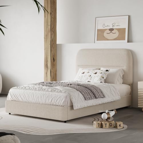 hombck twin bed frame, cream boucle upholstered platform, front angle view