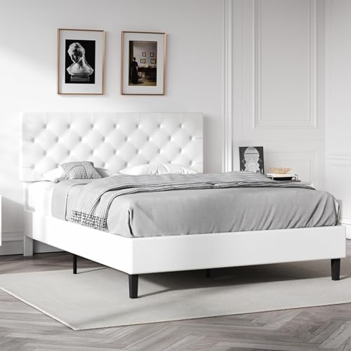 revominca queen platform bed frame with headboard, white on a desk or shelf