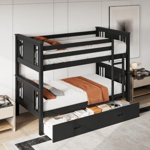 FUQARHY Solid Wood Twin-Over-Twin Bunk Bed with 2 Storage Drawers