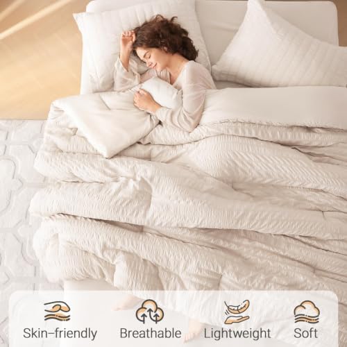 MUXHOMO Queen Comforter Set 7 Pieces, Seersucker Bed in a Bag, Beige