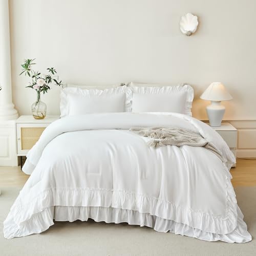 ANGIYUIN White Full Ruffle Comforter Set 5Pcs Bed in A Bag with Sheets