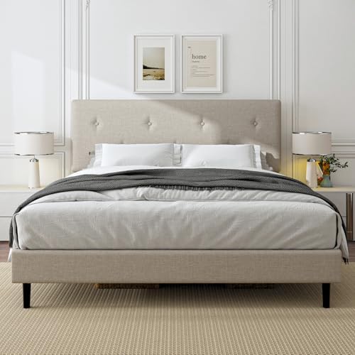 king size linen bed frame with adjustable headboard, front angle view