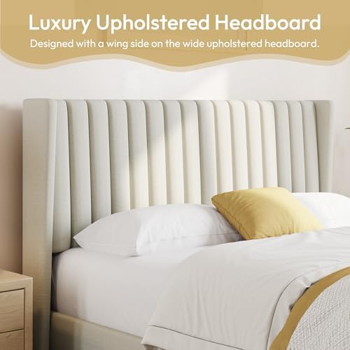 yaheetech queen bed frame with headboard, ivory channel-tufted, view 9
