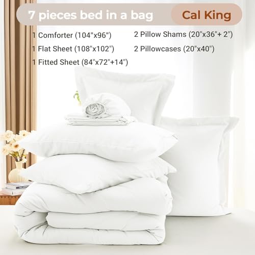 MUXHOMO California King Comforter Set 7-Piece, Soft Bed in a Bag, White