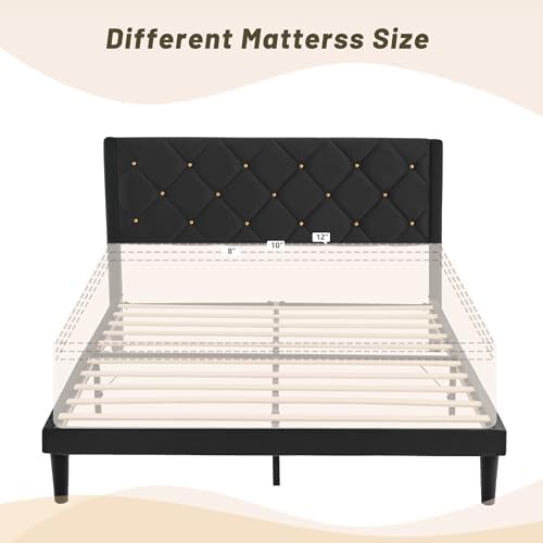 full size platform bed frame with velvet headboard on a desk or shelf