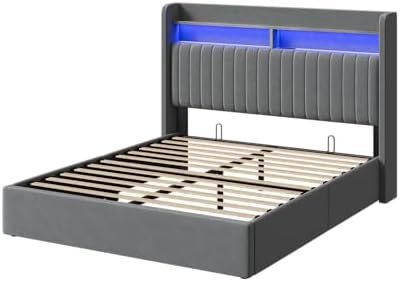 SHA CERLIN Full Size LED Lift Up Storage Bed Frame Charging Station, Grey