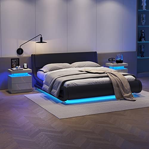 modern gray nightstand with 2 drawer led bedside, front angle view
