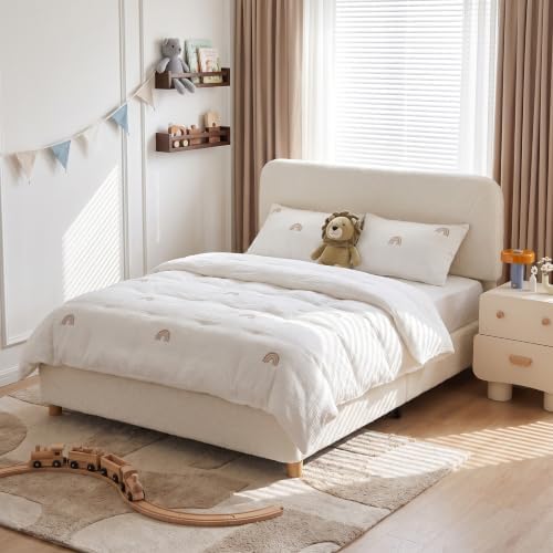 full size cloud bed frame, upholstered boucle bed, front angle view