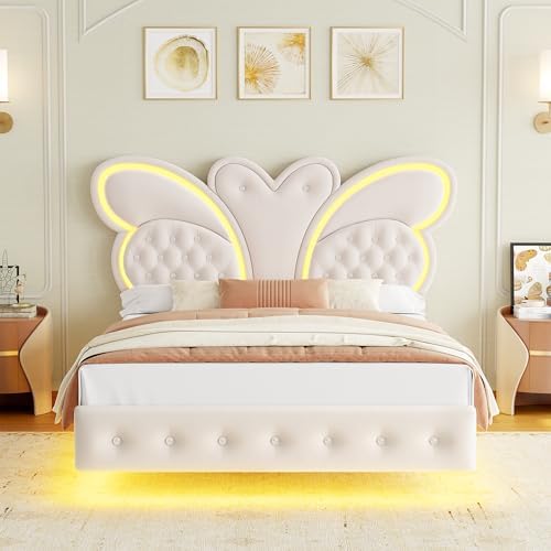 keyluv queen bed frame butterfly-pattern upholstered headboard, modern on a desk or shelf