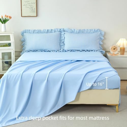 SUCSES Blue Ruffle Gingham Comforter Sets 5 Pieces King Plaid Bed in a Bag Fa...