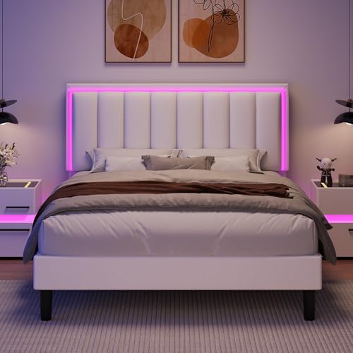 immerstable full bed frame, pu headboard, rgb led, front angle view