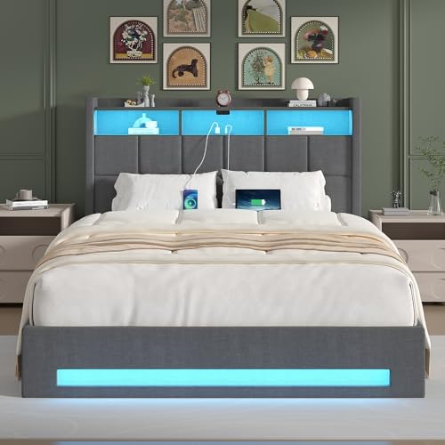VECELO Full Size Lift Up Storage Bed, Upholstered Platform Bed Frame with Sma...