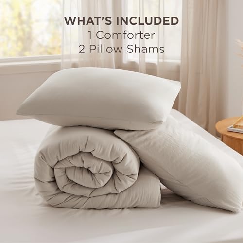 bedsure queen comforter set beige, soft prewashed down, front angle view