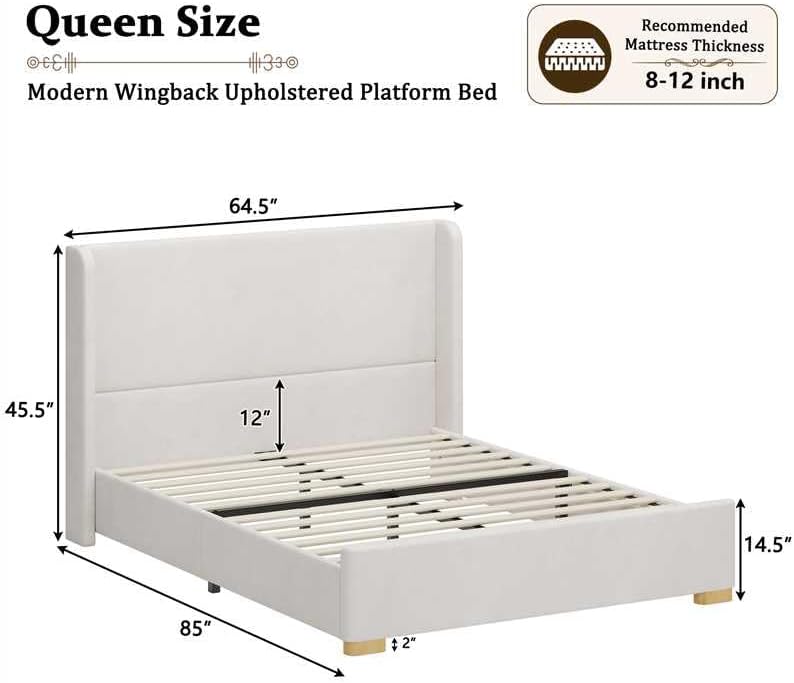 Queen Size Upholstered Platform Bed Frame with Wingback Headboard