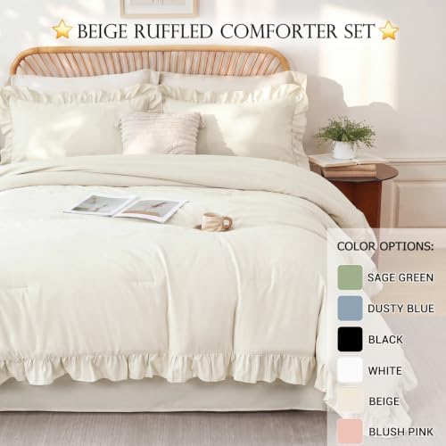 zrnbast beige king comforter set 5 pieces ruffle, front angle view