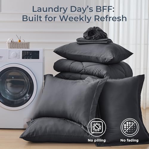 HEVUMYI 7-Piece California King Comforter Set, Dark Grey Bed in a Bag