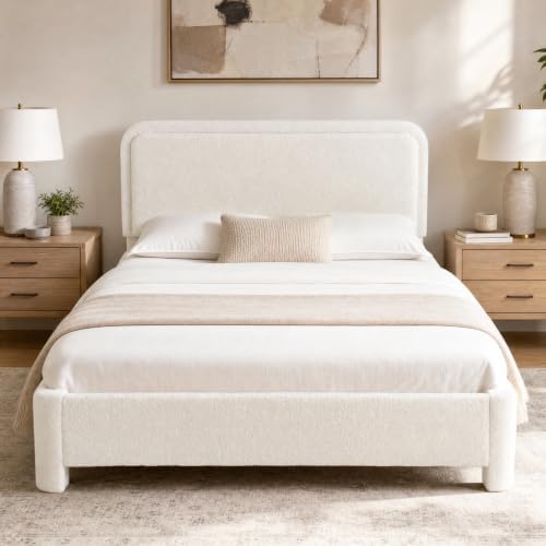 sweetcrispy queen bed frame with adjustable headboard, white, front angle view