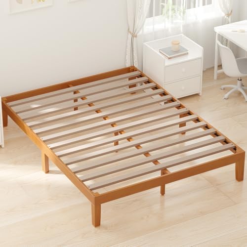 dumos solid wood full size bed frame, 12inch, front angle view