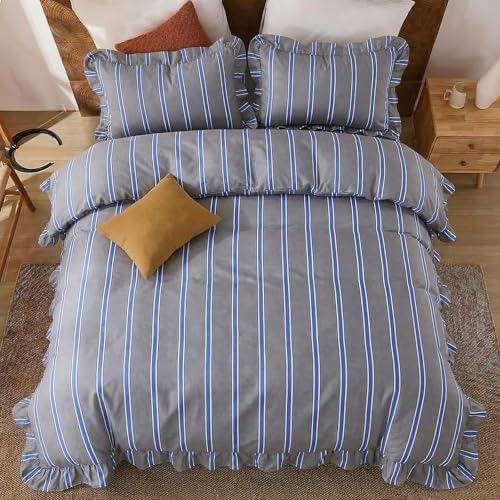 merryword blue and gray striped duvet cover set, view 9