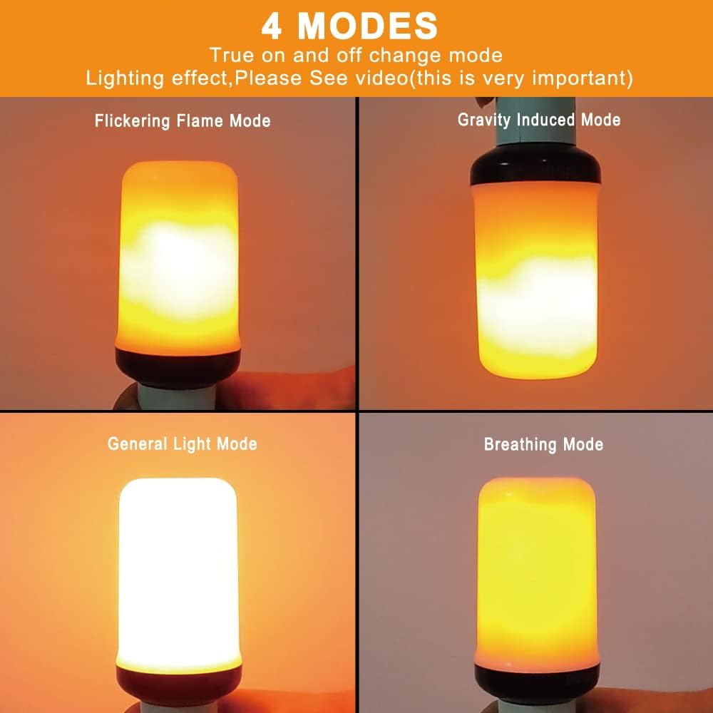Bitrue LED Flame Effect Light Bulb, 4 Modes Flame Light Bulbs, E26 Base Fire Light Bulb with Gravity Sensor,Flickering Light Bulbs Halloween Home Party(4 Pack)