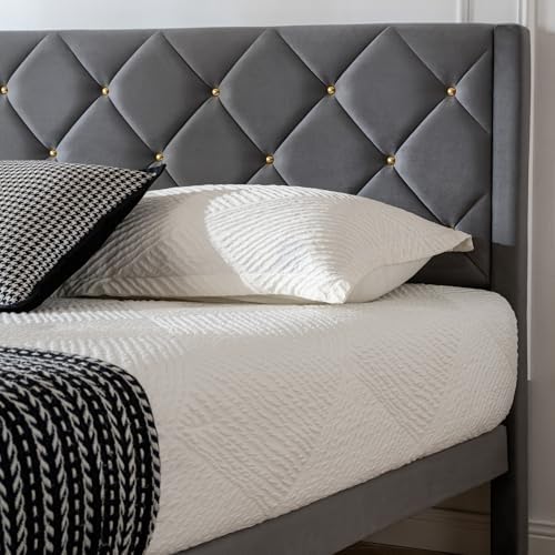 full size platform bed frame with velvet headboard, front angle view