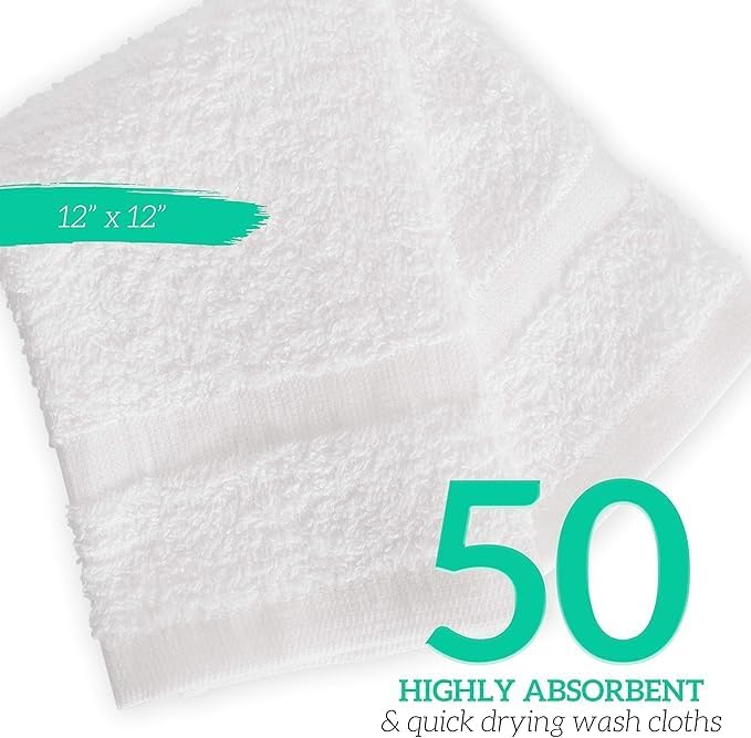 GREEN LIFESTYLE Washcloths 12" x 12" 50 Pack - 100% Cotton Wash Clo...