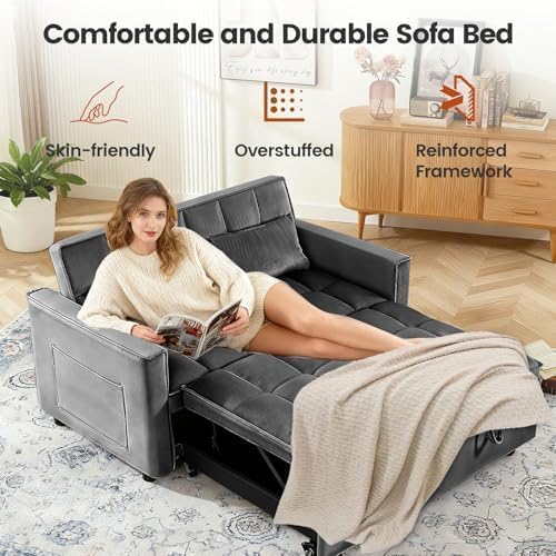 Sleeper Sofa Bed with Adjustable Backrest & Side Pockets, Gray