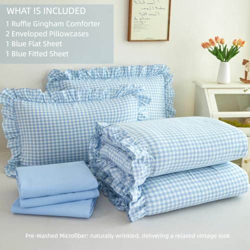 SUCSES Blue Ruffle Gingham Comforter Sets 5 Pieces King Plaid Bed in a Bag Fa...