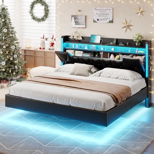 floating bed frame queen with storage headboard, queen, view 9