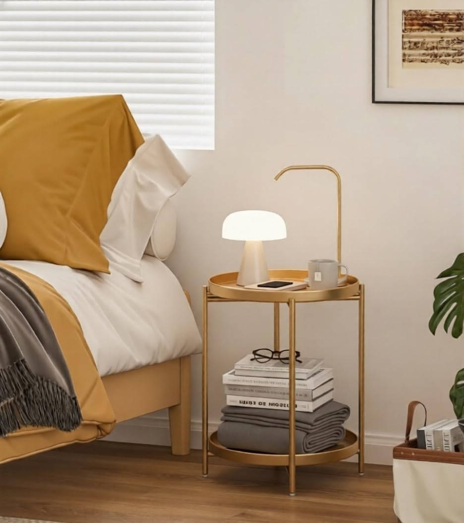 TeoKJ 2 Tier Gold Side Table, Folding Round Metal End Table Small Nightstand ...