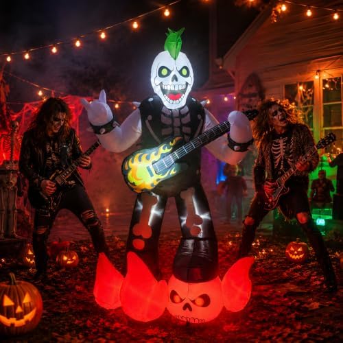 6.2FT Halloween Rock Music Skeleton Inflatable with LED Flame Guitar Decor