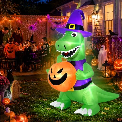 4 Ft Halloween Inflatables Witch Dinosaur Holding Pumpkin Built-in LEDs