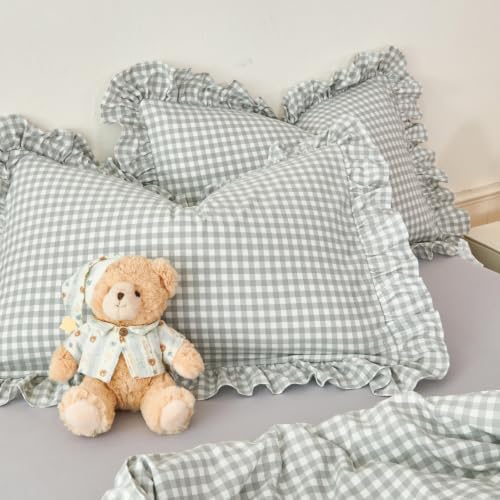 RYNGHIPY Gingham Comforter Set Twin 5 Pieces Gray Ruffle Plaid Bedding Set