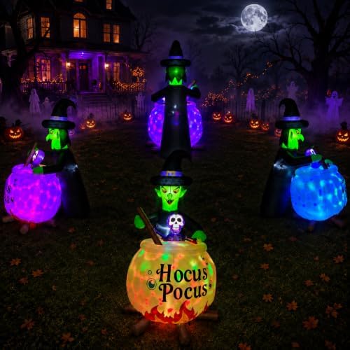 6 FT Halloween Inflatable Witch and Cauldron with RGB Lighted Halloween Blow Ups Outdoor Decorations for Yard, Lawn, Garden, Porch and Party