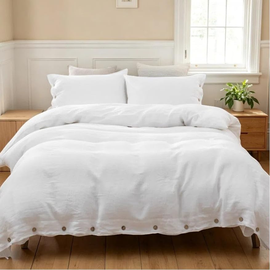 Simple&Opulence 100% Washed Linen Duvet Cover, 3 Pieces Natural Flax Fren...