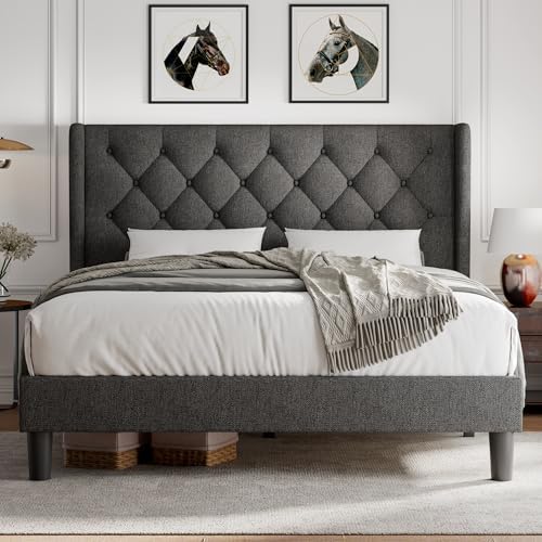 ipormis queen size platform bed frame with button, front angle view
