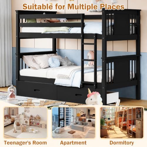 FUQARHY Solid Wood Twin-Over-Twin Bunk Bed with 2 Storage Drawers