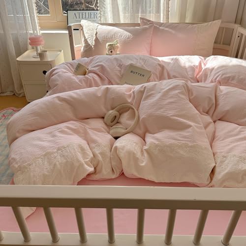 VM VOUGEMARKET Pink Full Comforter Set 3 Pieces Romantic Lace Bedding Set Sim...
