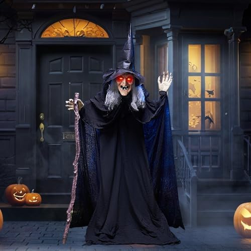 JOYIN Outdoor Halloween Decorations Animatronics Witch with Cane, Life Size A...