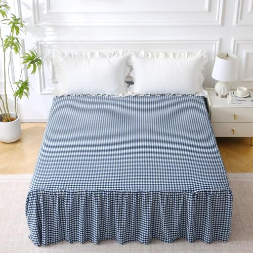 silnuo navy blue/white gingham bed skirt queen size, front angle view