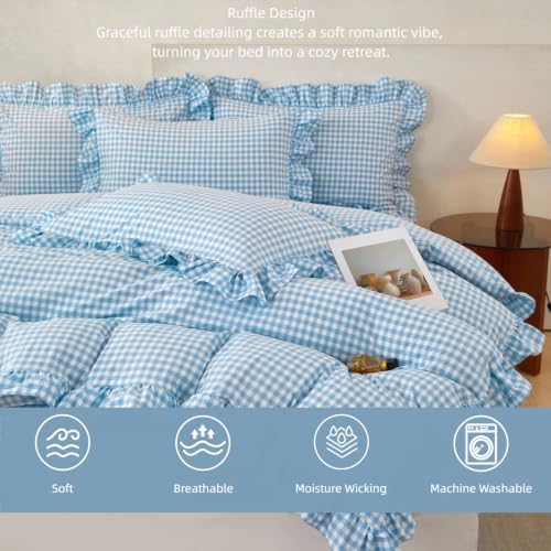 SUCSES Blue Ruffle Gingham Comforter Sets 5 Pieces King Plaid Bed in a Bag Fa...