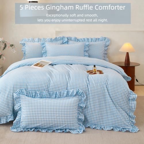 SUCSES Blue Ruffle Gingham Comforter Sets 5 Pieces King Plaid Bed in a Bag Fa...