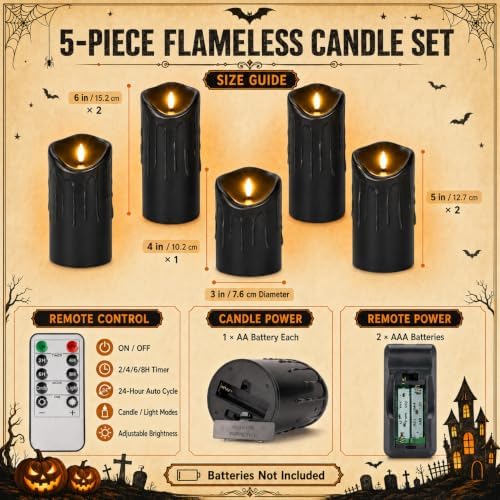MUMCHASI Black Flameless Candles Set of 5, Black Halloween Battery Operated C...