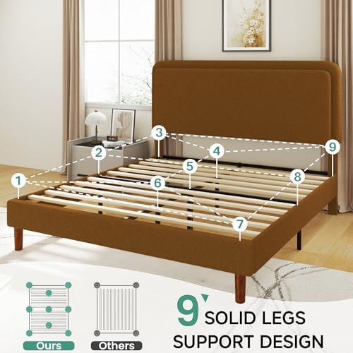 king size boucle platform bed frame with adjustable, front angle view