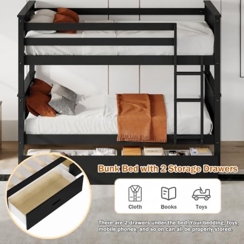FUQARHY Solid Wood Twin-Over-Twin Bunk Bed with 2 Storage Drawers