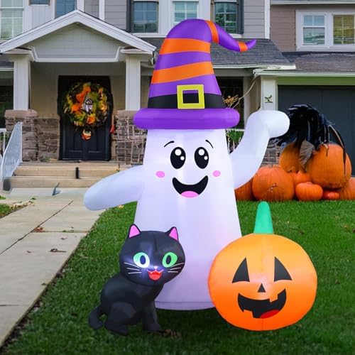 5FT Cute Halloween Inflatables Ghost, Blow Up Wizard Ghost with Pumpkin Black Cat for Garden Lawn Indoor Party Decor, Halloween Decorations Outdoor Inflatables