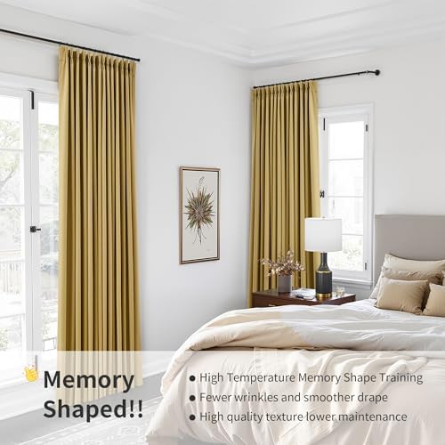 Joywell 100% Blackout Linen Pinch Pleated Curtains 84 Inch for Bedroom Gold